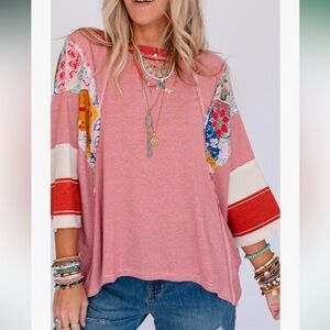 New Crew Neck Stripe Floral Color Block Patchwork Knitted Tee dolman sle…